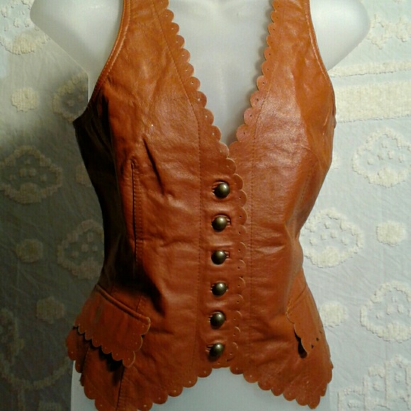 Vintage Jackets & Blazers - Vintage leather vest scalloped brown Newport News.
